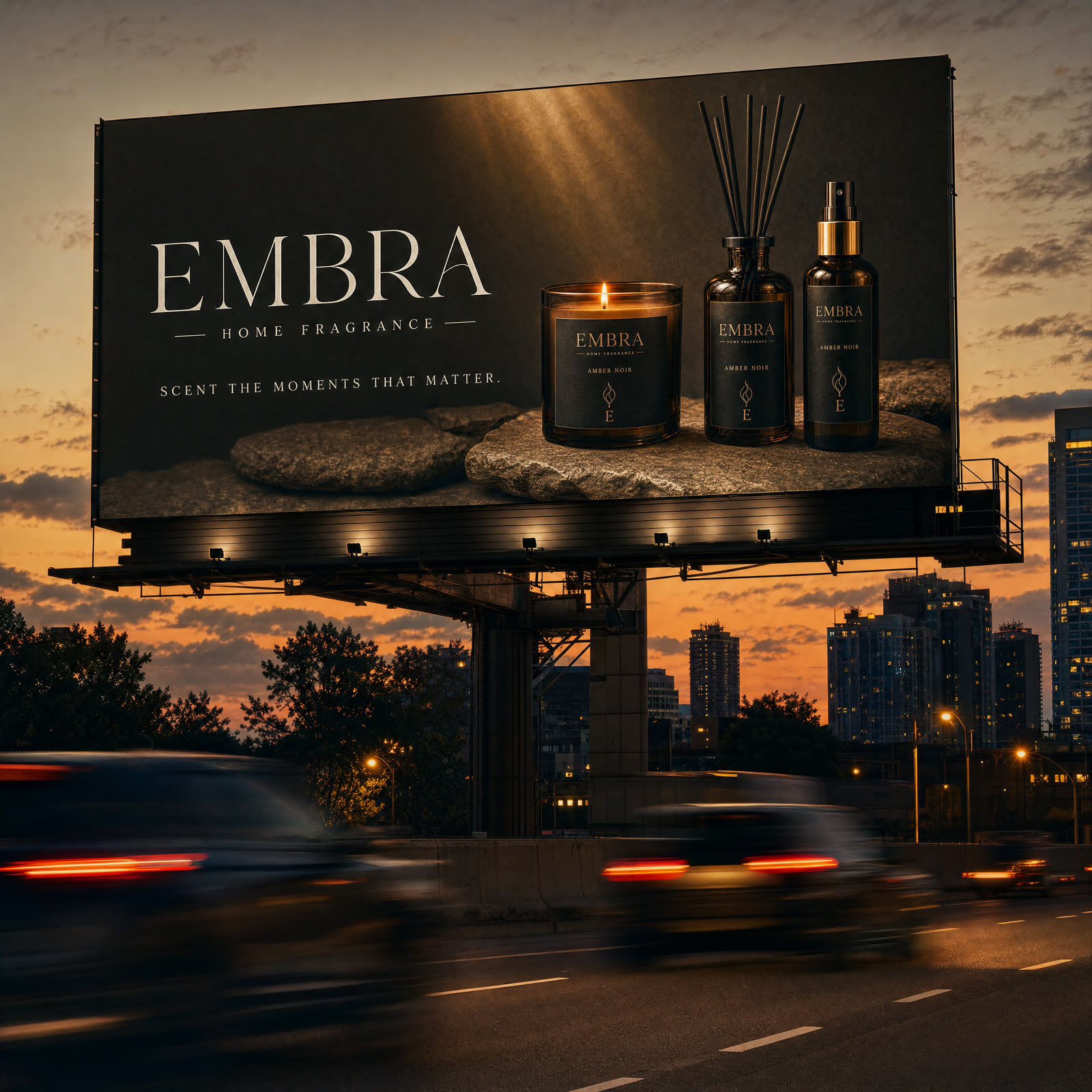 EMBRA billboard at dusk